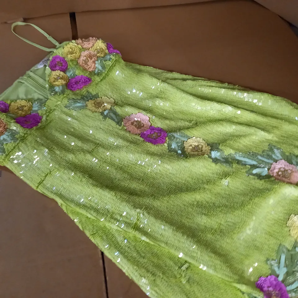 MISS SELFRIDGE GREEN SEQUIN FLORAL DRESS - UK 18