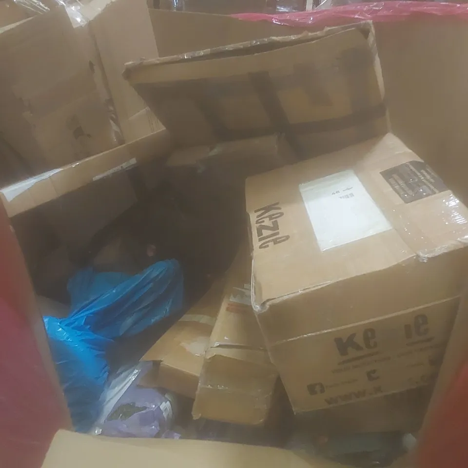 PALLET OF ASSORTED HOUSEHOLD GOODS AND PRODUCTS TO INCLUDE; COOKER HOOD, UTILITY CART, CARPET CHAIR MAT, BOXED FURNITURE ETC