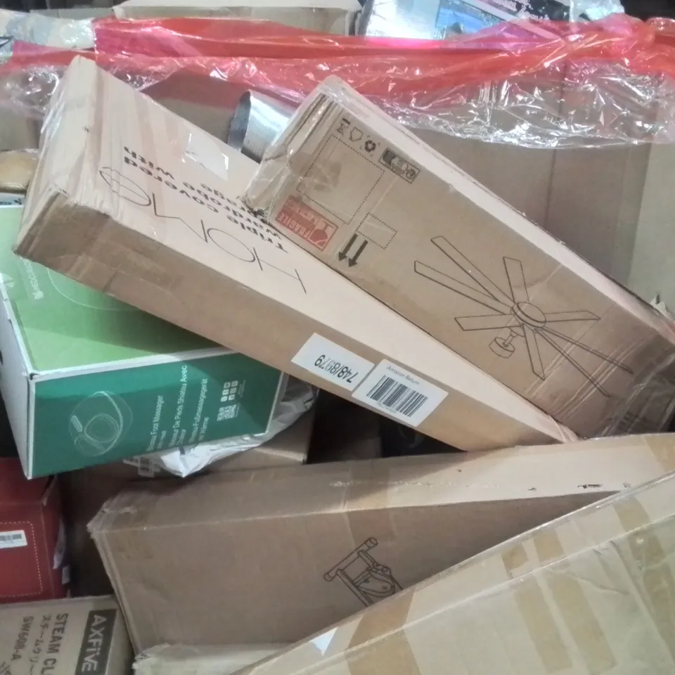 PALLET CONTAINING VARIOUS ASSORTED ITEMS TO INCLUDE:CEILING LIGHT, FOOT MASSAGER, STEAM CLEANER, PICTURE FRAMES AND OTHER ASSORTED ITEMS...