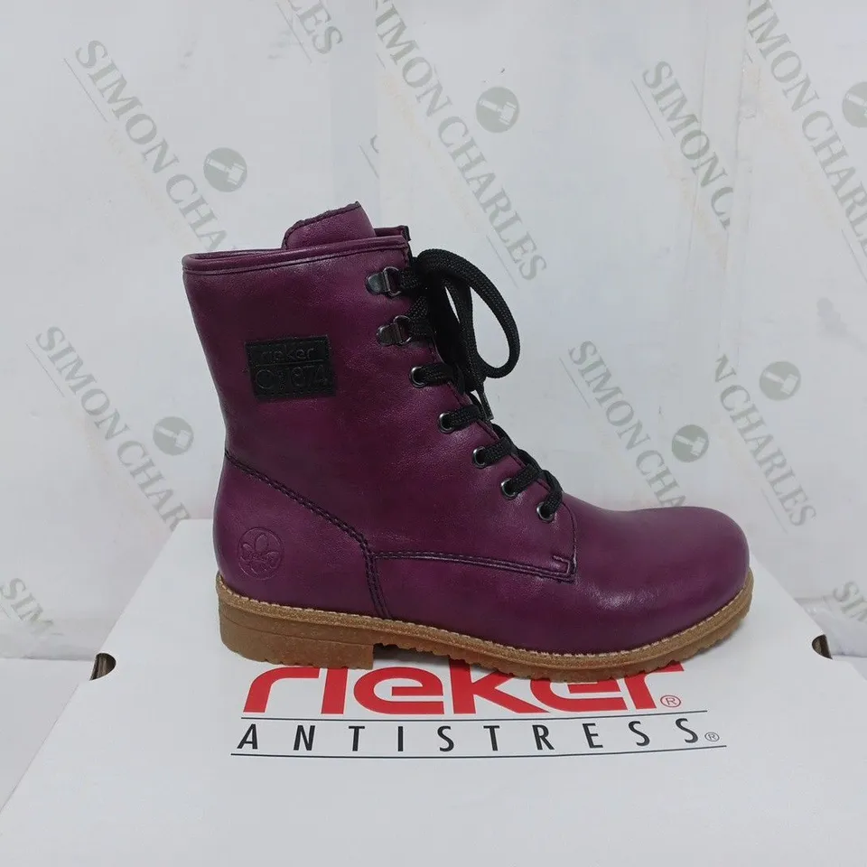 BOXED PAIR OF RIEKER LACE UP BOOTS IN PURPLE SIZE 5