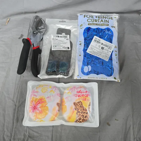 BOX OF ASSORTED ITEMS TO INCLUDE - TILE CUTTER - HEAD PHONE COVERS - TEA CUP HOLDER 
