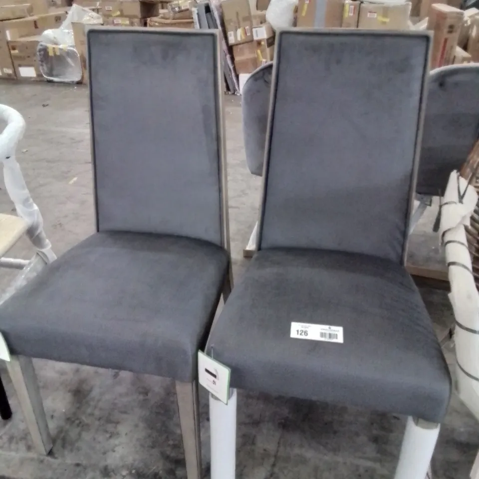 PAIR OF DESIGNER UPHOLSTERED DINING CHAIRS GREY FABRIC ON SILVERED WOOD FRAME 