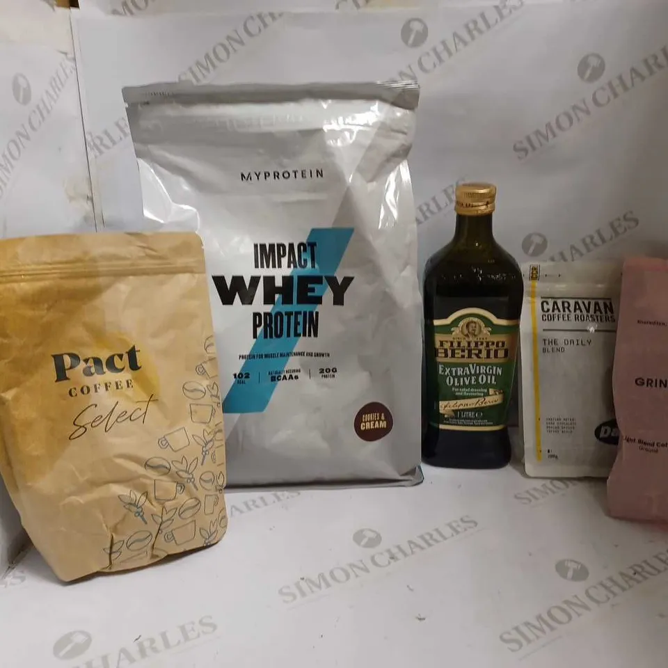 LOT OF 5 ITEMS TO INCLUDE PACT COFFEE TERRAS ALTAS DARK ROAST BEANS, MYPROTEIN IMPACT WHEY PROTEIN (COOKIES&CREAM - 2.5KG), FILIPPO BERIO EXTRA VIRGIN OLIVE OIL (1L), ETC