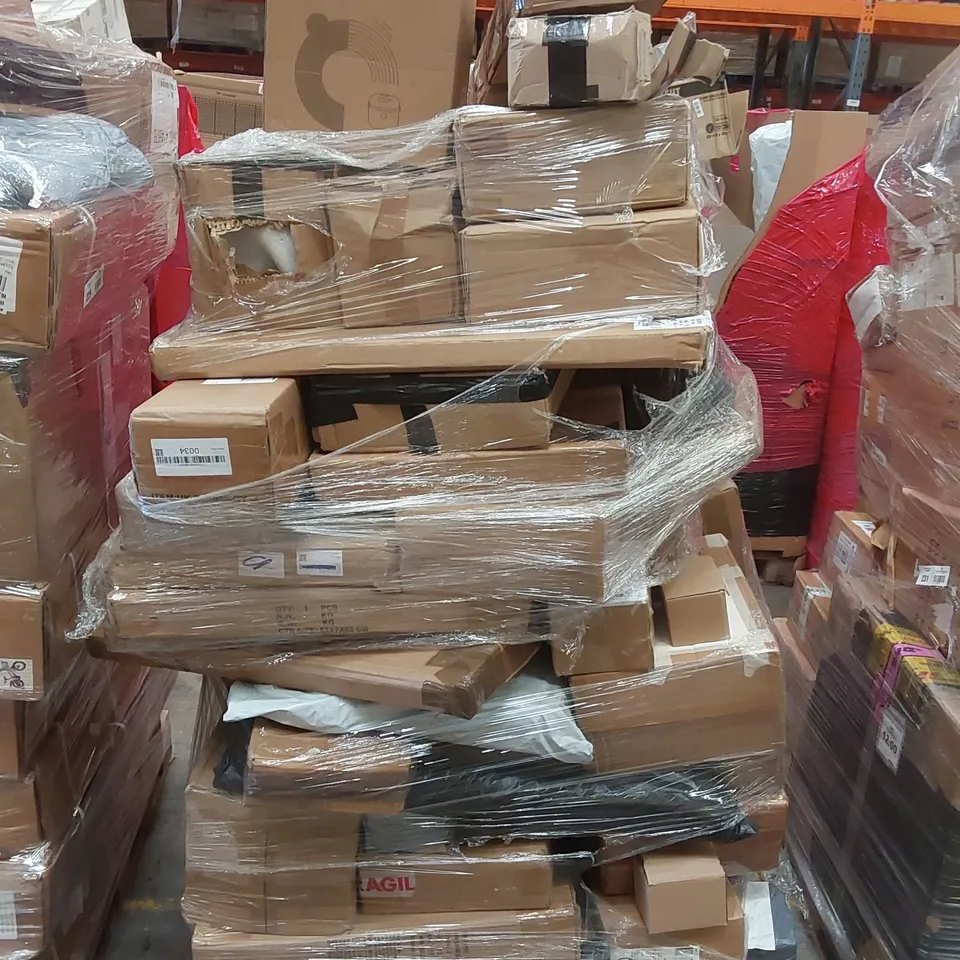 PALLET CONTAINING VARIOUS ASSORTED BOXED ITEMS TO INCLUDE,  LITHIUM BATTERIES,  CIRCULAR SAW, SMART RICE COOKER, STORAGE RACKING AND LOTS MORE UNMARKED BOXED ITEMS 