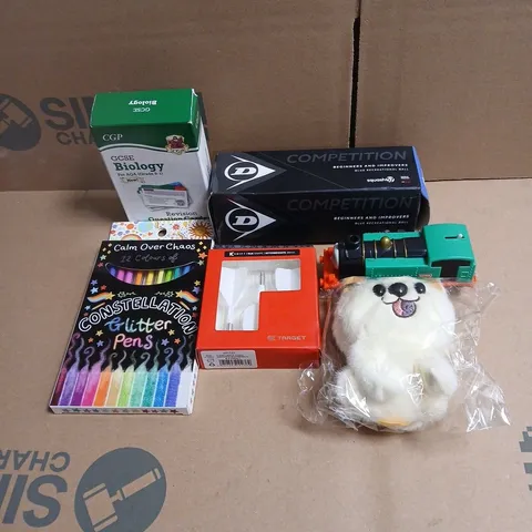 TOTE OF APPROXIMATELY 20 ASSORTED TOYS/RELATED ITEMS TO INCLUDE DUNLOP GOLF BALLS, KSHIFT DART FLIGHTS, SOFT TOY, GINA TANK ENGINE TOY, GCSE BIOLOGY CARDS, GLITTER PENS ETC
