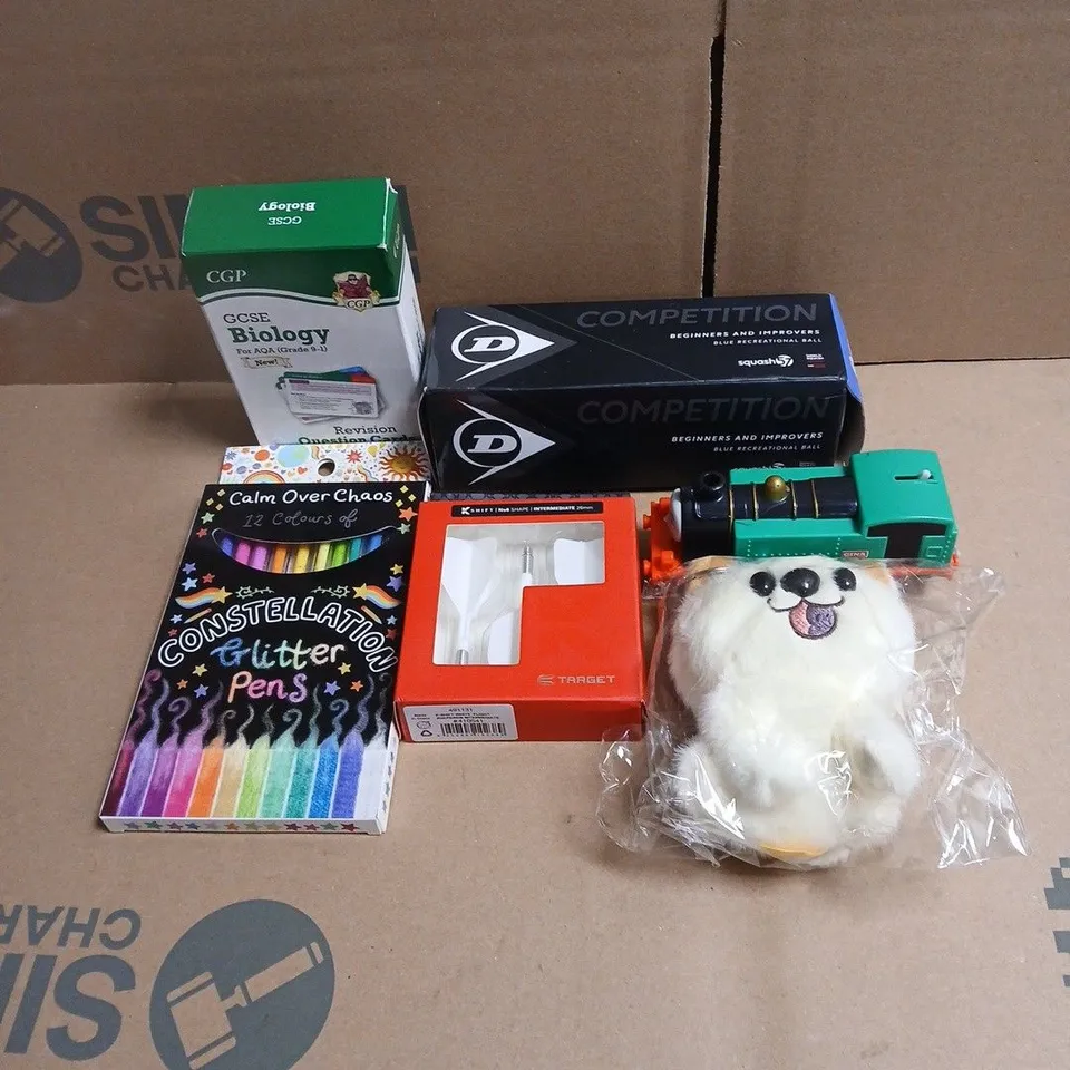TOTE OF APPROXIMATELY 20 ASSORTED TOYS/RELATED ITEMS TO INCLUDE DUNLOP GOLF BALLS, KSHIFT DART FLIGHTS, SOFT TOY, GINA TANK ENGINE TOY, GCSE BIOLOGY CARDS, GLITTER PENS ETC