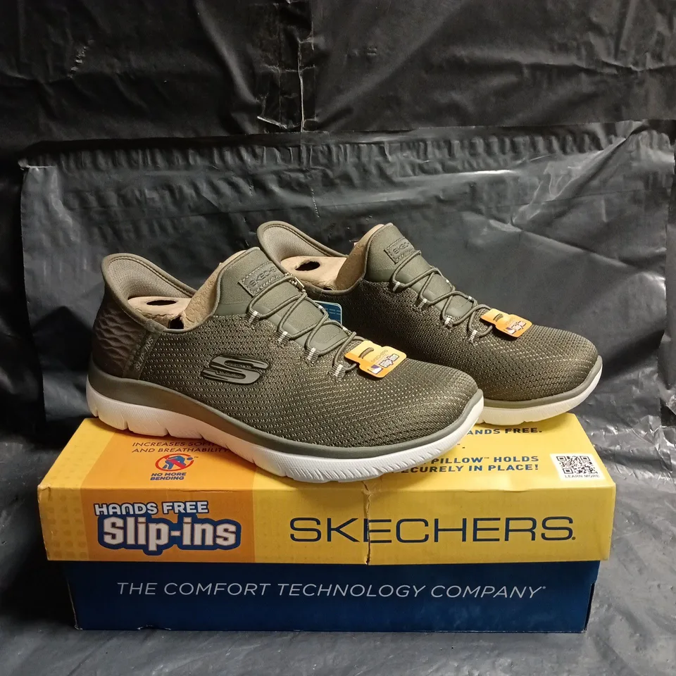 SKECHERS SLIP-INS TRAINERS – OLIVE MESH UPPER, MEMORY FOAM INSOLE SIZE 5