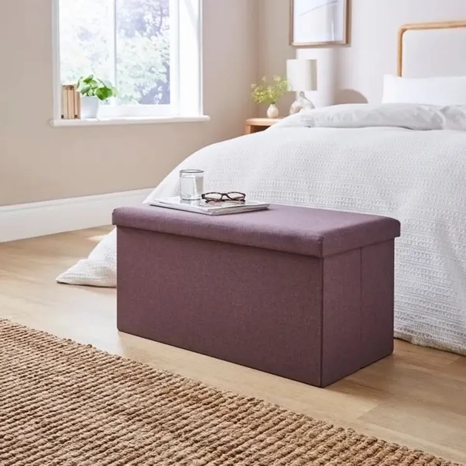 BOXED FAUX LINEN BED OTTOMAN - PURPLE (1 BOX)