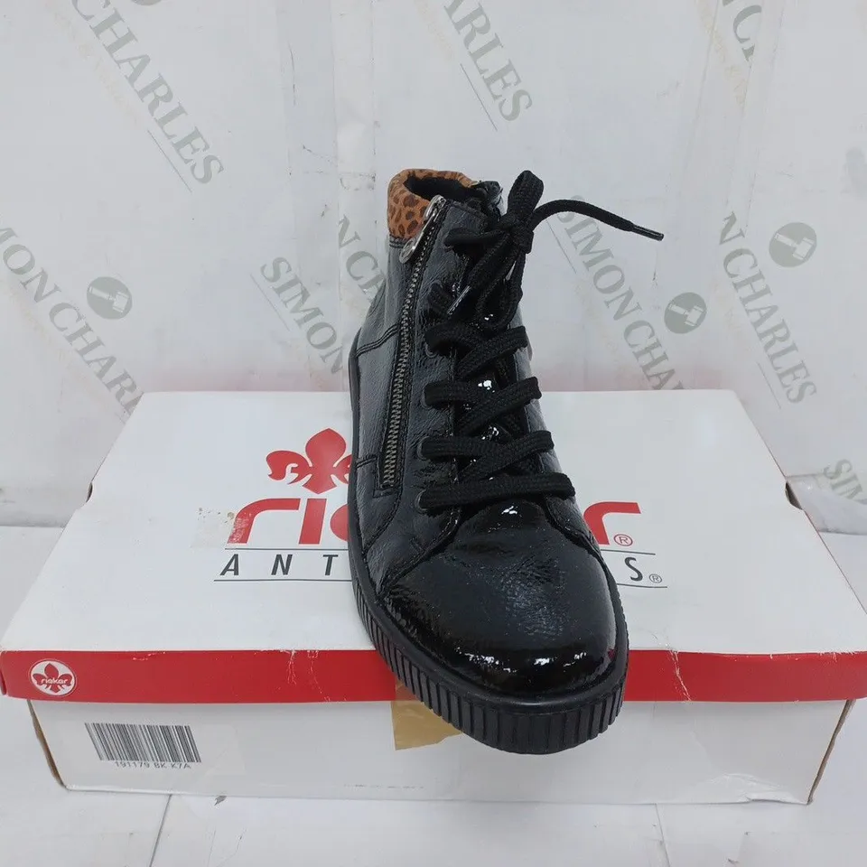 BOXED PAIR OF RIEKER HIGH TOP CUFFED TRAINERS IN BLACK - SIZE 7.5
