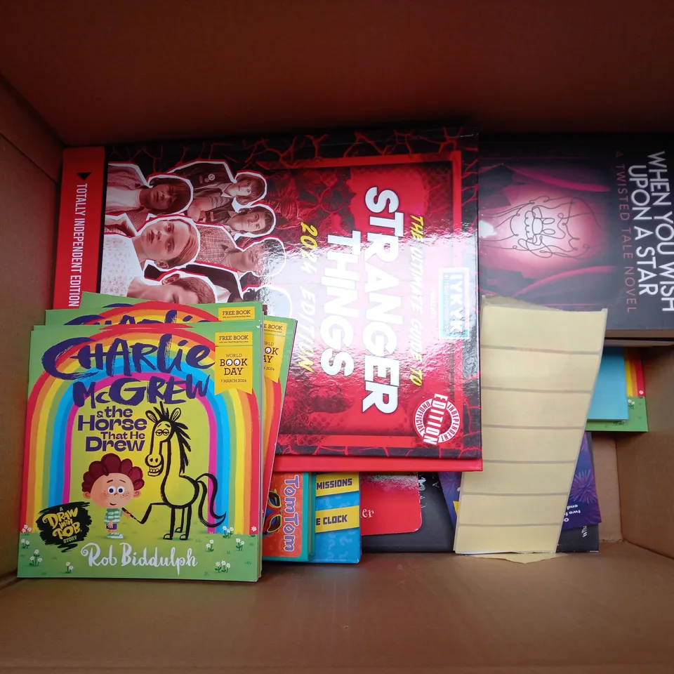 BOX OF APPROXIMATELY 10 ASSORTED BOOKS AND TOYS TO INCLUDE STRANGER THINGS, ROBLOX AND DISNEY PRINCESS