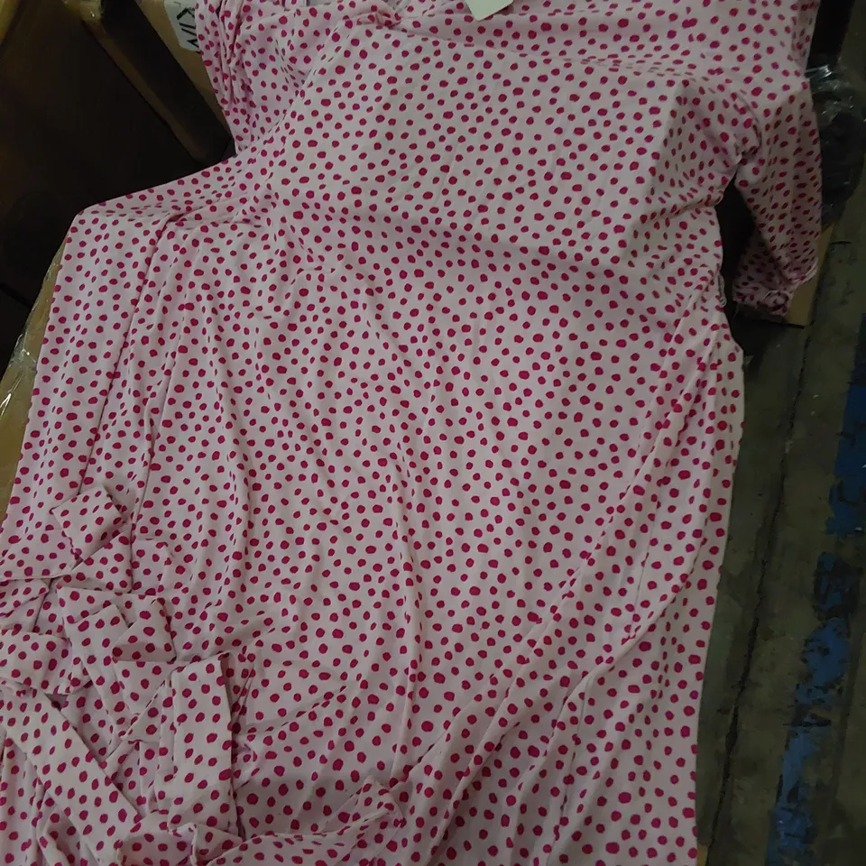 BOX OF APPROXIMATELY 8 BRAND NEW PINK POLKA DOT SMOCK DRESSES WITH TIE