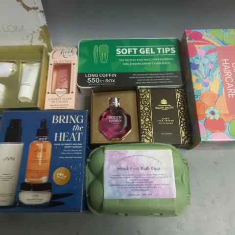 LOT OF 7 ASSORTED HEALTH AND BEAUTY ITEMS TO INCLUDE LONG COFFIN 550-PACK OF NAILS, BRING THE HEAT PARTY HAIR KIT AND PLOUISE LIQUID BLUSH
