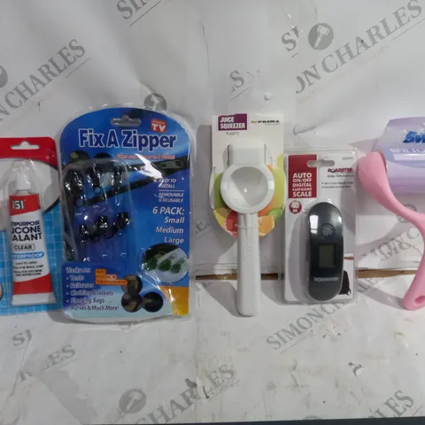 BOX OF APPROXIMATELY 10 ASSORTED ITEMS TO INCLUDE - FIX A ZIPPER - JUICE SQUEEZER - MULTIPURPOSE SILICONE SEALANT ECT 
