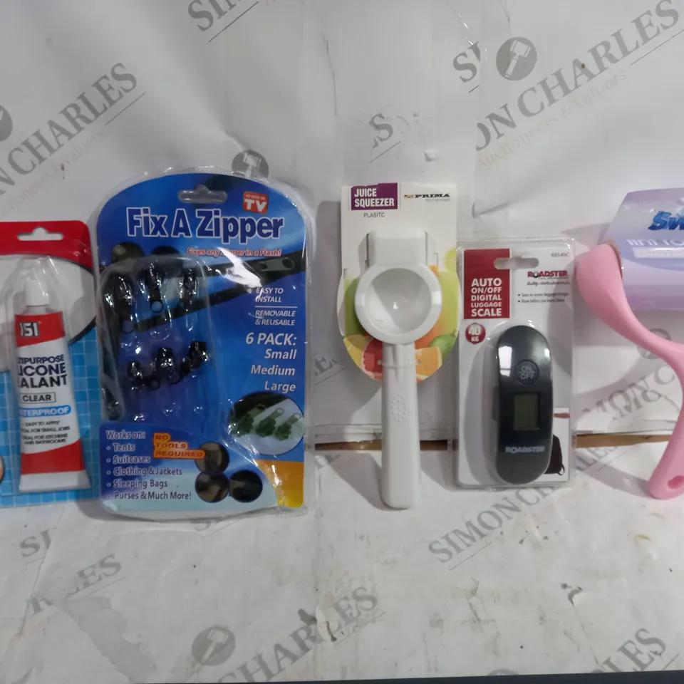 BOX OF APPROXIMATELY 10 ASSORTED ITEMS TO INCLUDE - FIX A ZIPPER - JUICE SQUEEZER - MULTIPURPOSE SILICONE SEALANT ECT 