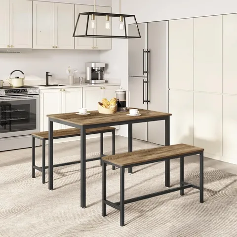 BOXED VASAGLE DINING TABLE WITH 2 BENCHES, 3 PIECE SET, KITCHEN TABLE OF 70Γ110Γ75CM, 2 BENCHES OF 30Γ97Γ50CM EACH, STEEL FRAME, HONEY BROWN AND INK BLACK
