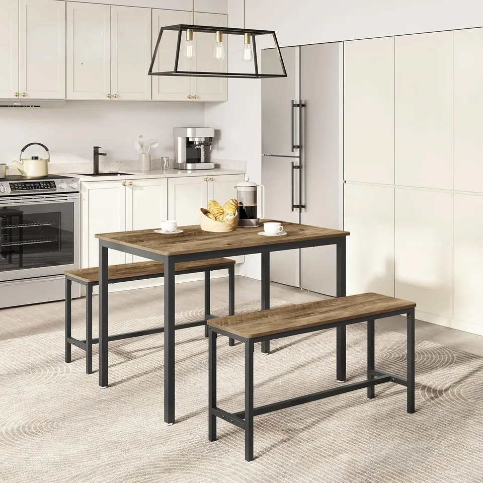 BOXED VASAGLE DINING TABLE WITH 2 BENCHES, 3 PIECE SET, KITCHEN TABLE OF 70×110×75CM, 2 BENCHES OF 30×97×50CM EACH, STEEL FRAME, HONEY BROWN AND INK BLACK