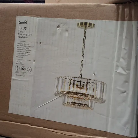 BOXED DUNELM CRUS 3-LIGHT CHANDELIER PENDANT, CRYSTAL GLASS & ANTIQUE BRASS FINISH