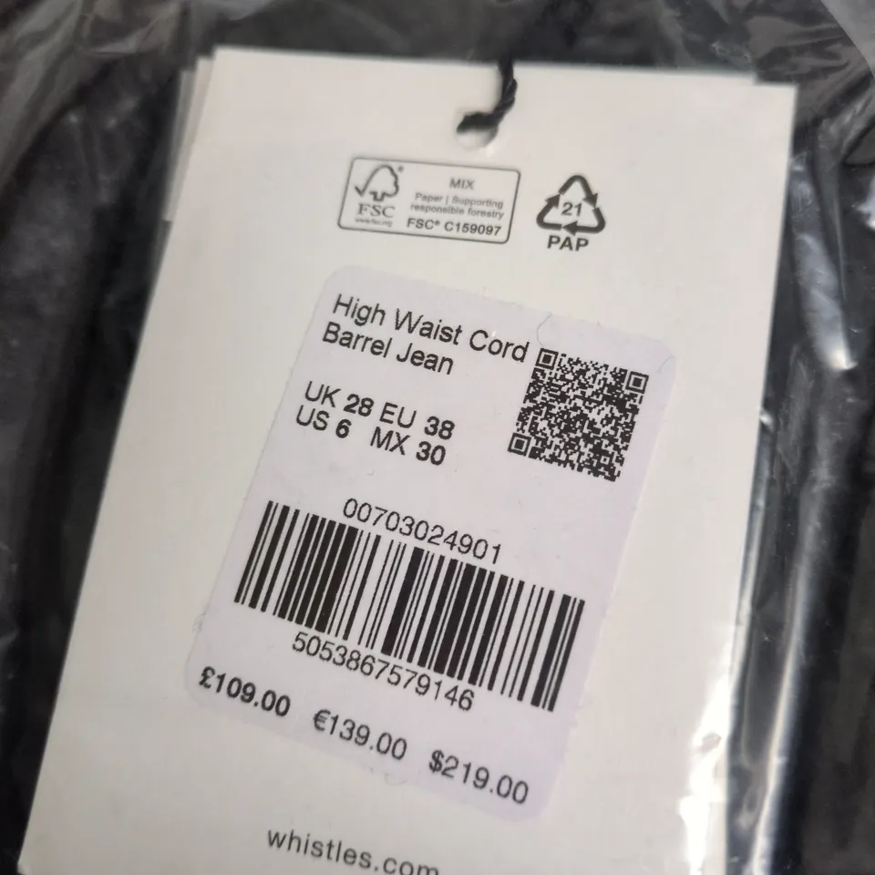 BAGGED WOMENS WHITLES HIGH WAIST CORD BARREL JEANS - SIZE UK 28 