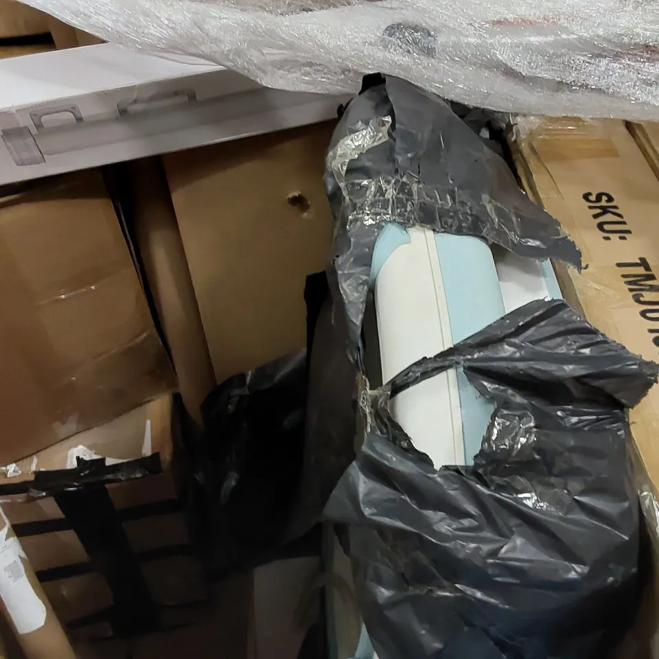 PALLET OF ASSORTED ITEMS INCLUDING: FOLDING BED, IRONING BOARD, TOILET SEAT, FLOATING SHELF, COFFEE TABLE 