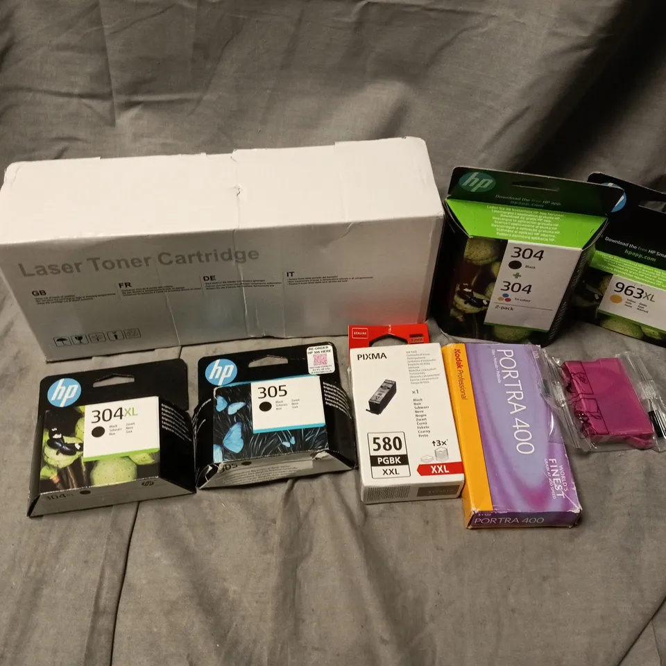 APPROXIMATELY 25 ASSORTED PRINTER INKS TO INCLUDE HP 304XL, PIXMA 580 PGBK XXL, KODAK PORTRA 400, ETC