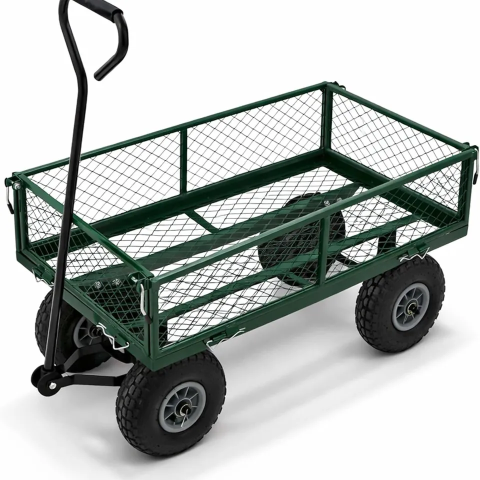 BOXED 3053 HEAVY DUTY METAL GARDENING TROLLEY - GREEN TRAILER CART