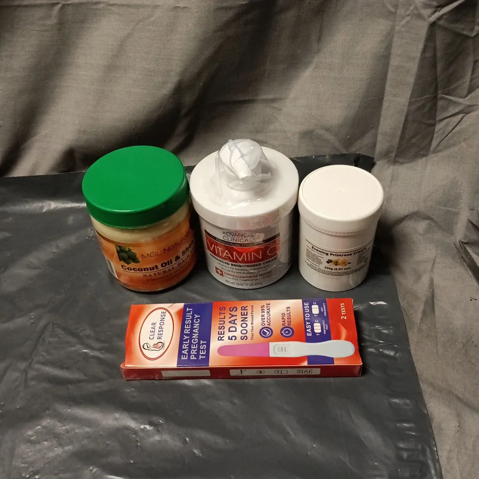 APPROXIMATELY 20 ASSORTED COSMETIC ITEMS INCLUDING EARLY RESPONSE PREGNANCY TEST, COCONUT OIL AND SHEA BUTTER, VITAMIN C  BRIGHTENING CREAM, PRIMROSE CREAM ETC