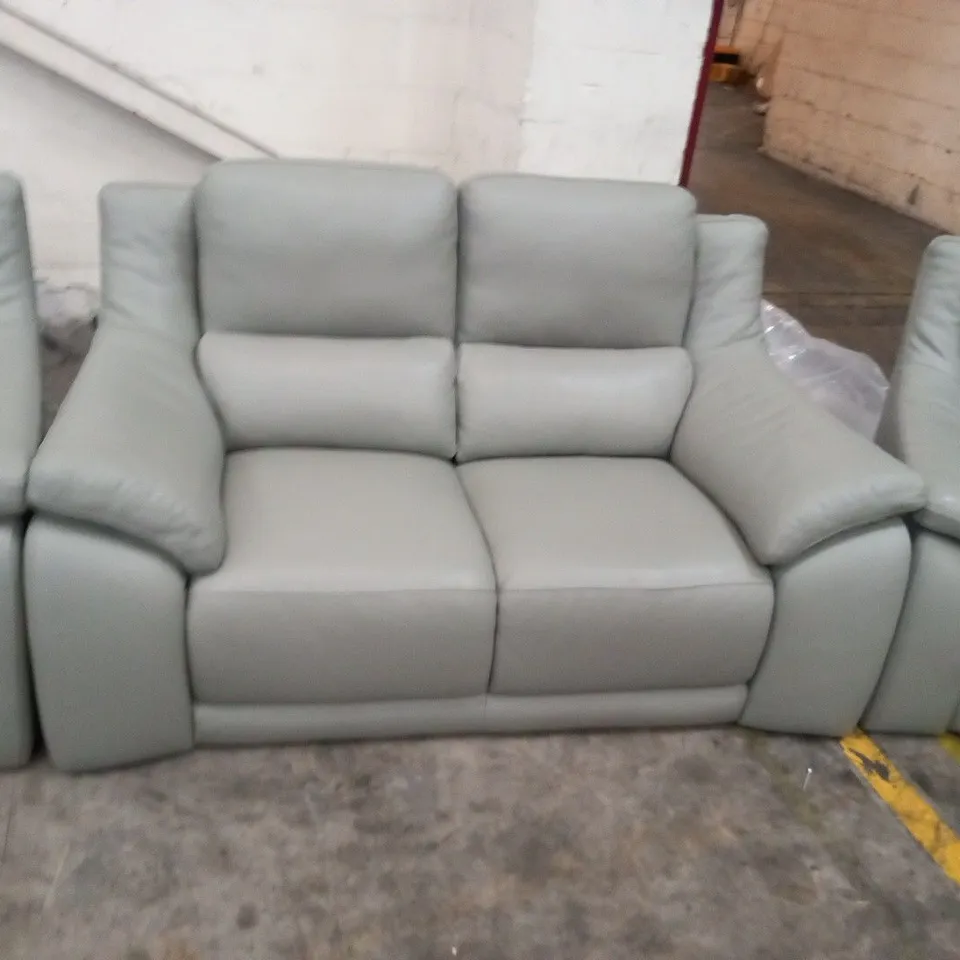 DESIGNER ITALIAN GREY LEATHER THREE SEATER SOFA, TWO SEATER SOFA AND ELECTRIC RECLINING ARMCHAIR