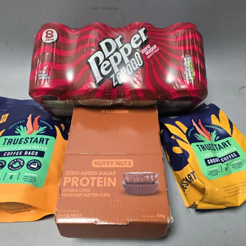 APPROXIMATELY 5 ASSORTED FOOD & DRINK ITEMS TO INCLUDE - DR PEPPER ZERO , TRUE START GROUND COFFEE , NUTRY NUTS BUTTER CUPS ETC