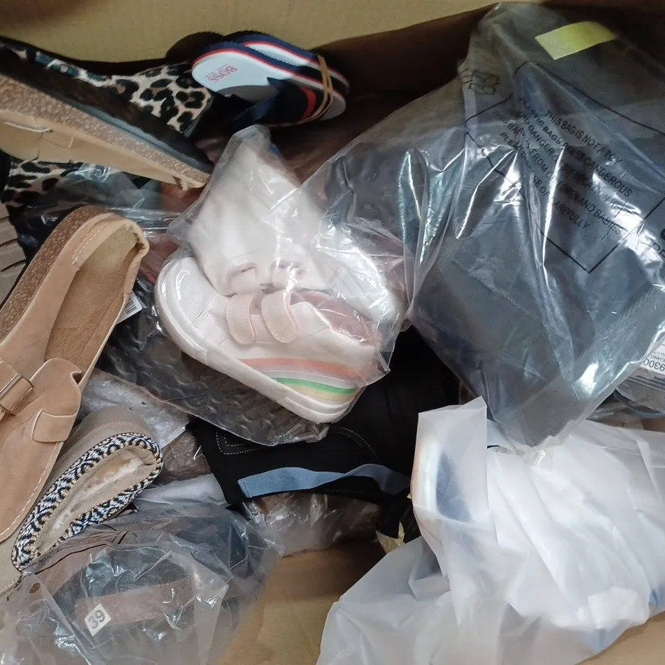 BOX OF APPROXIMATELY 20 ASSORTED PAIRS OF SHOES AND FOOTWEAR ITEMS IN VARIOUS STYLES AND SIZES TO INCLUDE TITAN, NEW LOOK, ETC