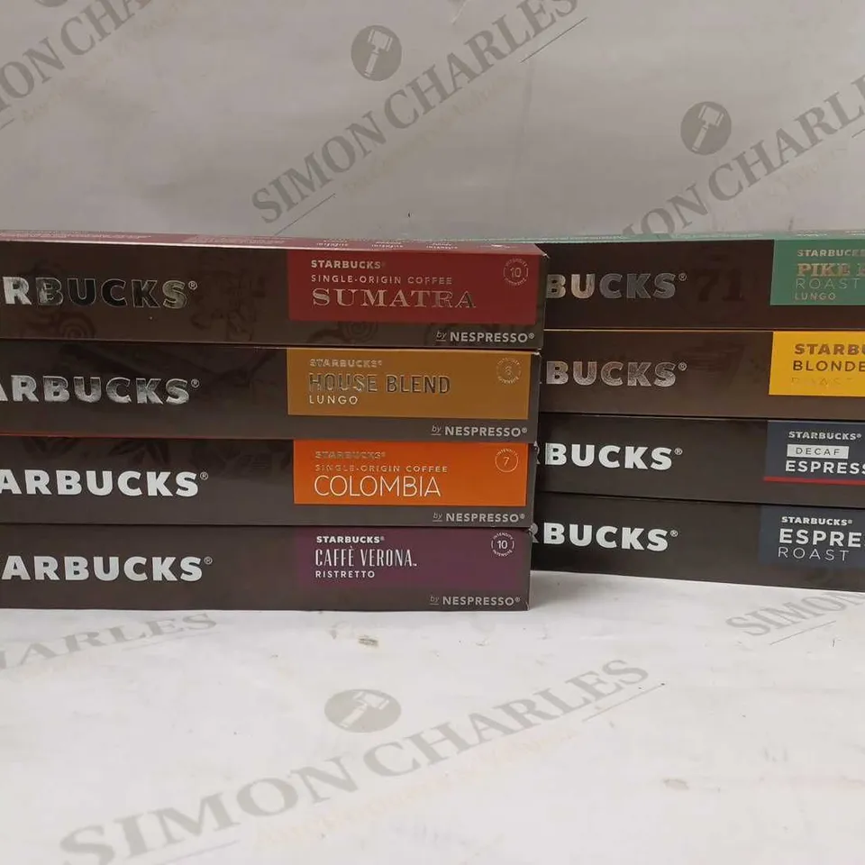 LOT OF 8 ASSORTED BOXES OF STARBUCKS COFFEE CAPSULES TO INCLUDE HOUSE BLEND LUNGO, BLONDE ESPRESSO ROAST, DECAF ESPRESSO ROAST, ETC 