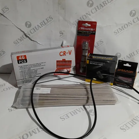 APPROXIMATELY 20 ASSORTED ITEMS TO INCLUDE VOLCANO BICYCLE LIGHT, RECHARGEABLE BICYCLE LAMP, HONDA LAWNMOWER CLUTCH CABLE, 21-BIT SOCKET SET, WELD RIGHT ER316L ELECTRODES ETC. 