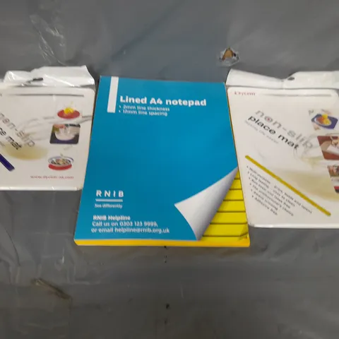 BOX OF ASSORTED ITEMS TO INCLUDE A4 PAD AND NON SLIP PLACE MATS