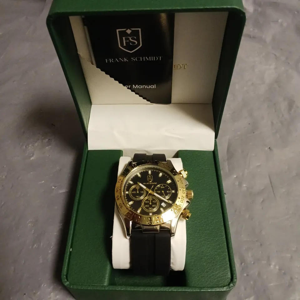 FRANK SCHMIDT BLACK & GOLD DIAL GENTS WATCH WITH STAINLESS STEEL BACKCASE AND BLACK RUBBER STRAP IN BOX