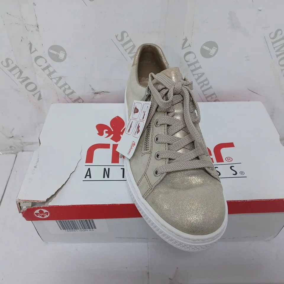 BOXED PAIR OF RIEKER GOLD SHIMMER TRAINERS - SIZE 8