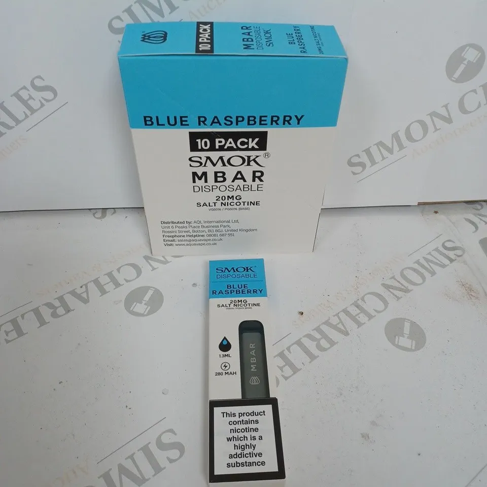 BOX OF APPROXIMATELY 10 BOXES OF BLUE RASPBERRY 10 PACK SMOK M BAR DISPOSABLE 20MG SALT NICOTINE