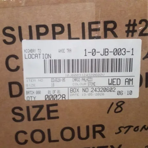 BOX CONTAINING APPROXIMATELY 28X BRAND NEW JD WILLIAM'S CARGO PALAZZO- COLOUR STONE - SIZE 18