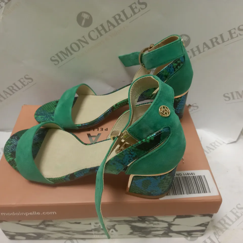 BOXED OREENA GREEN SUEDE HEELS - SIZE 6