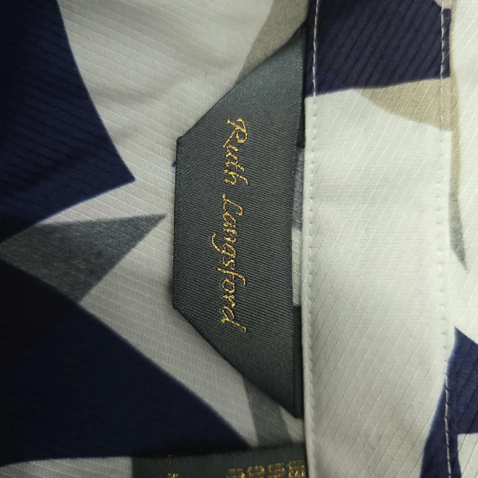 RUTH LANGFORD GEOMETRIC PATTERN SHIRT – NAVY, WHITE & BEIGE, BUTTON-DOWN UK12