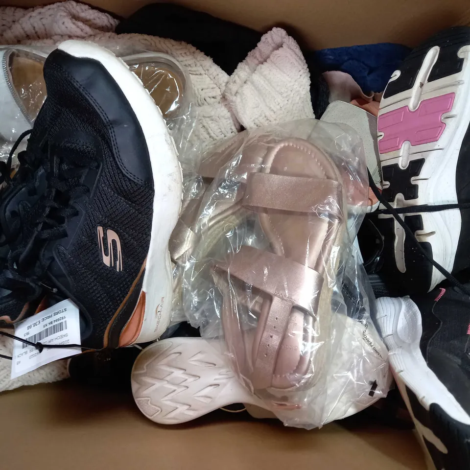 BOX OF APPROXIMATELY 15 ASSORTED CLOTHING AND FOOTWEAR ITEMS IN VARIOUS STYLES AND SIZES TO INCLUDE SKECHERS, VIONIC, ETC