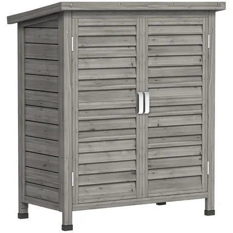 BOXED OUTSUNNY GARDEN SHED WOODEN GARDEN STORAGE SHED 2 DOOR UNIT SOLID FIR WOOD GARAGE TOOL ORGANISATION CABINET, 87L X 46.5W X 96.5HCM, GREY