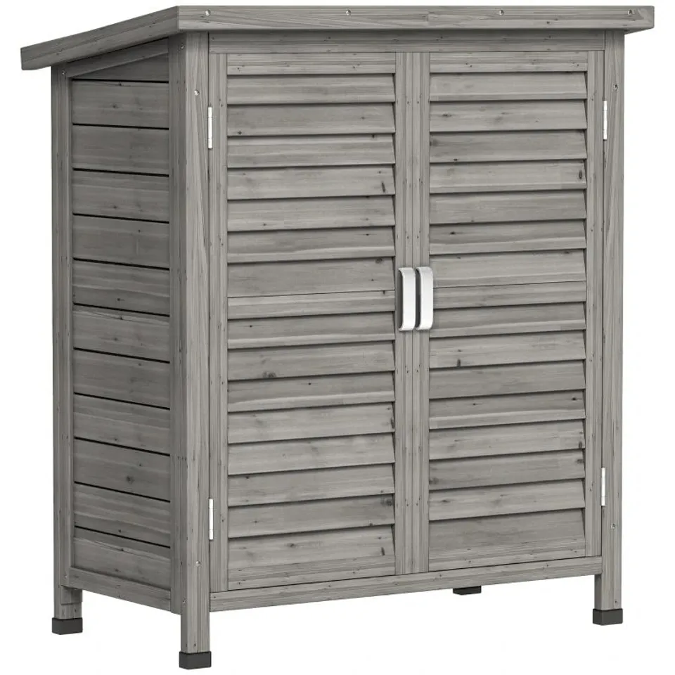 BOXED OUTSUNNY GARDEN SHED WOODEN GARDEN STORAGE SHED 2 DOOR UNIT SOLID FIR WOOD GARAGE TOOL ORGANISATION CABINET, 87L X 46.5W X 96.5HCM, GREY