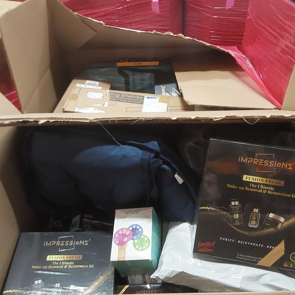 PALLET OF ASSORTED ITEMS INCLUDING: MAKE-UP REMOVAL & RESTORATION KITS, GLASS PAINT, TRIANGLE POWDER PUFFS, HAND EXTENSION EXERCISER, FLOATING SHELVES ECT