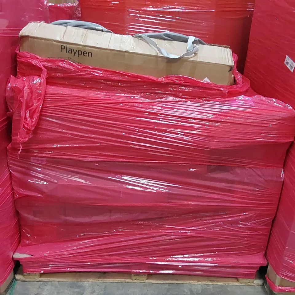 PALLET OF ASSORTED CONSUMER PRODUCTS TO INCLUDE: BABY PLAYPENS, FABRIC WARDROBE, TOILET SEAT COVERS ECT