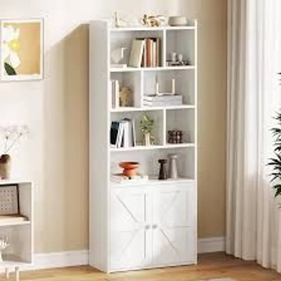 BOXED 4-TIER BOOKCASE WITH DOOR AND CABINET. WAITE, 60 X 30 X 159 CM