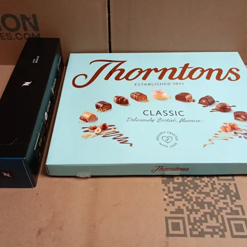 APPROXIMATELY 12 ASSORTED FOOD AND DRINKS ITEMS TO INCLUDE - THORNTONS CHOCOLATE BOX, NESCAFE VERTUO ODACIO PODS 