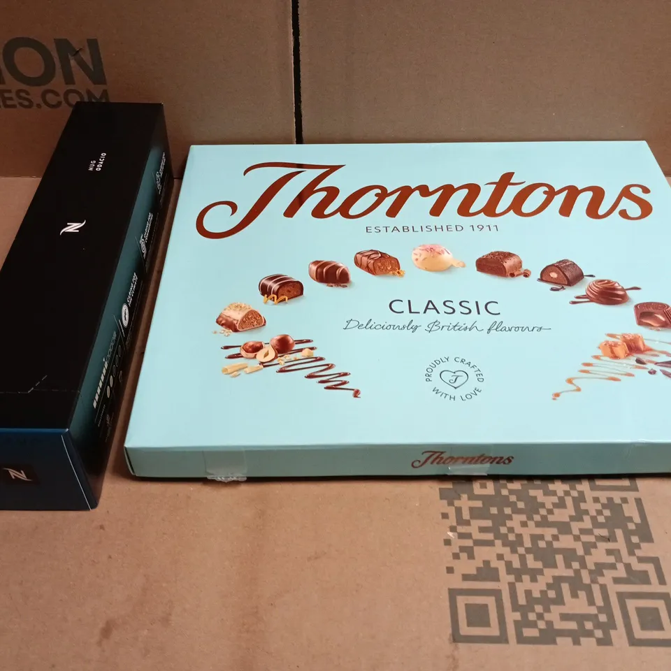 APPROXIMATELY 12 ASSORTED FOOD AND DRINKS ITEMS TO INCLUDE - THORNTONS CHOCOLATE BOX, NESCAFE VERTUO ODACIO PODS 