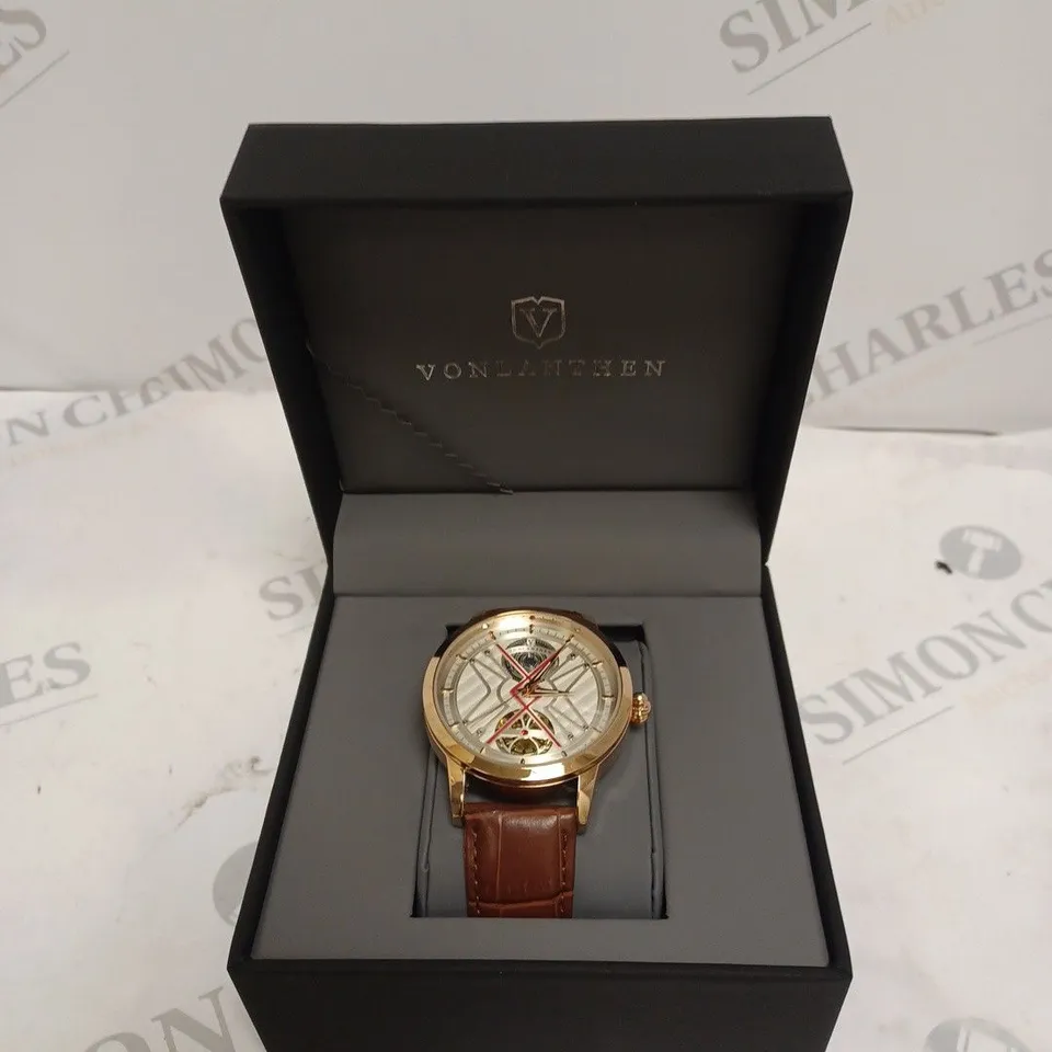 MENS VONLANTHEN AUTOMATIC WATCH – SILVER AND RED TEXTURED DIAL – ROSE GOLD COLOUR CASE - GLASS EXHIBITION BACKCASE – BROWN LEATHER STRAP