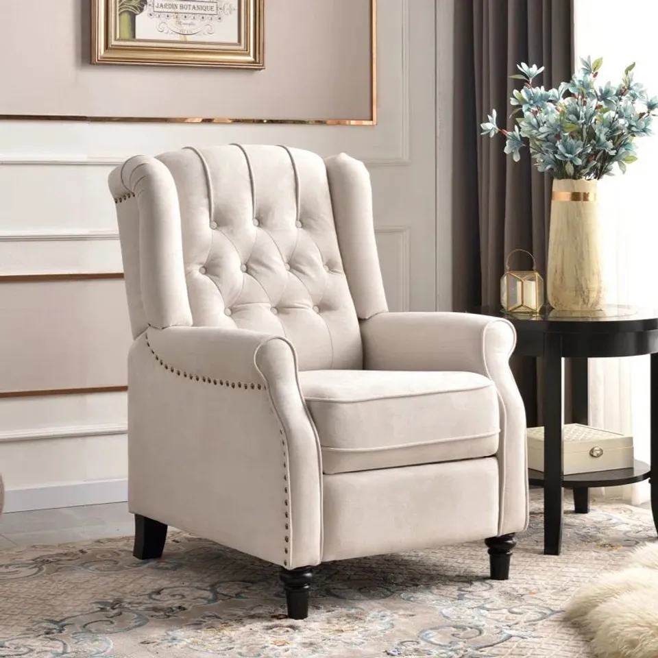 BOXED 76CM WIDE MODERN PUSH BACK RECLINER WITH TUFTED BACK AND RIVETS - OFF WHITE (2 BOXES)