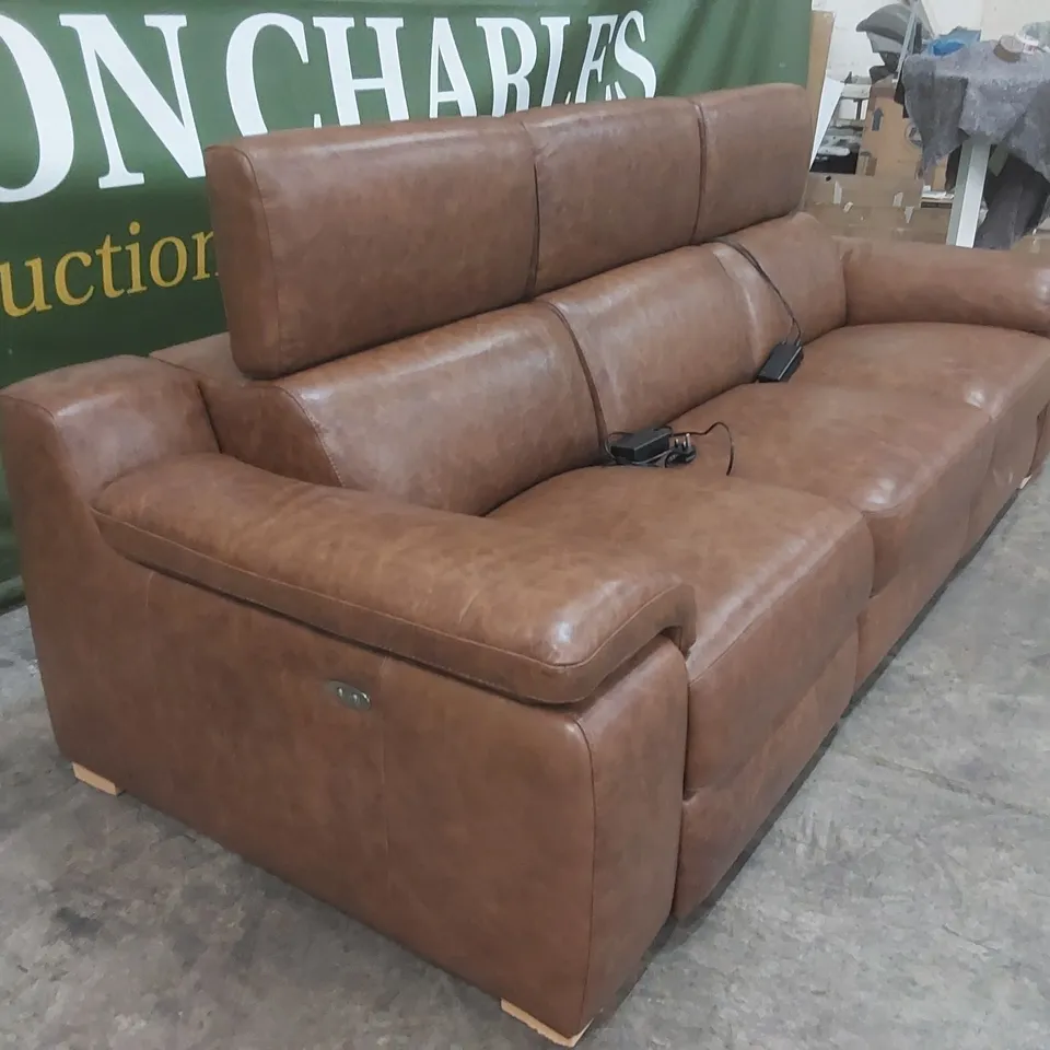 QUALITY DESIGNER ITALIAN MADE RICCARDO 3 SEATER ELECTRIC RECLINING LEATHER SOFA - BRANDY