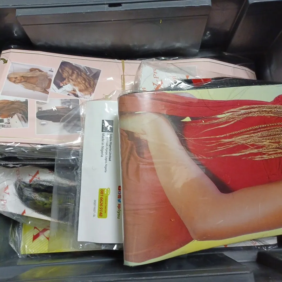 BOX OF APPROX 10 ASSORTED WIGS TO INCLUDE - BEST QUALITY ULTRA BRAID 33 - BEST QUALITY ULTRA BRAID 27 - X-PRESSION LAGOS PRE-STRECHED BRAID 60 ECT